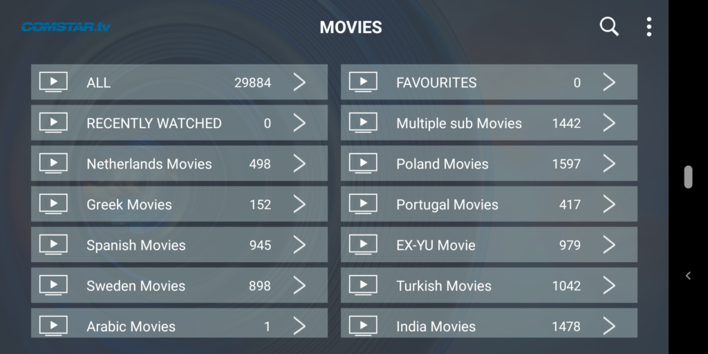 the Movie section of Comstar IPTV