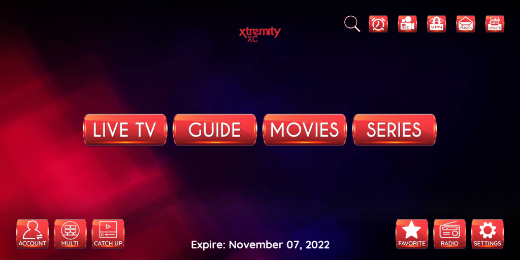 the main menu of Xtremity IPTV