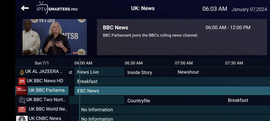 the UK EPG of 4K Live IPTV